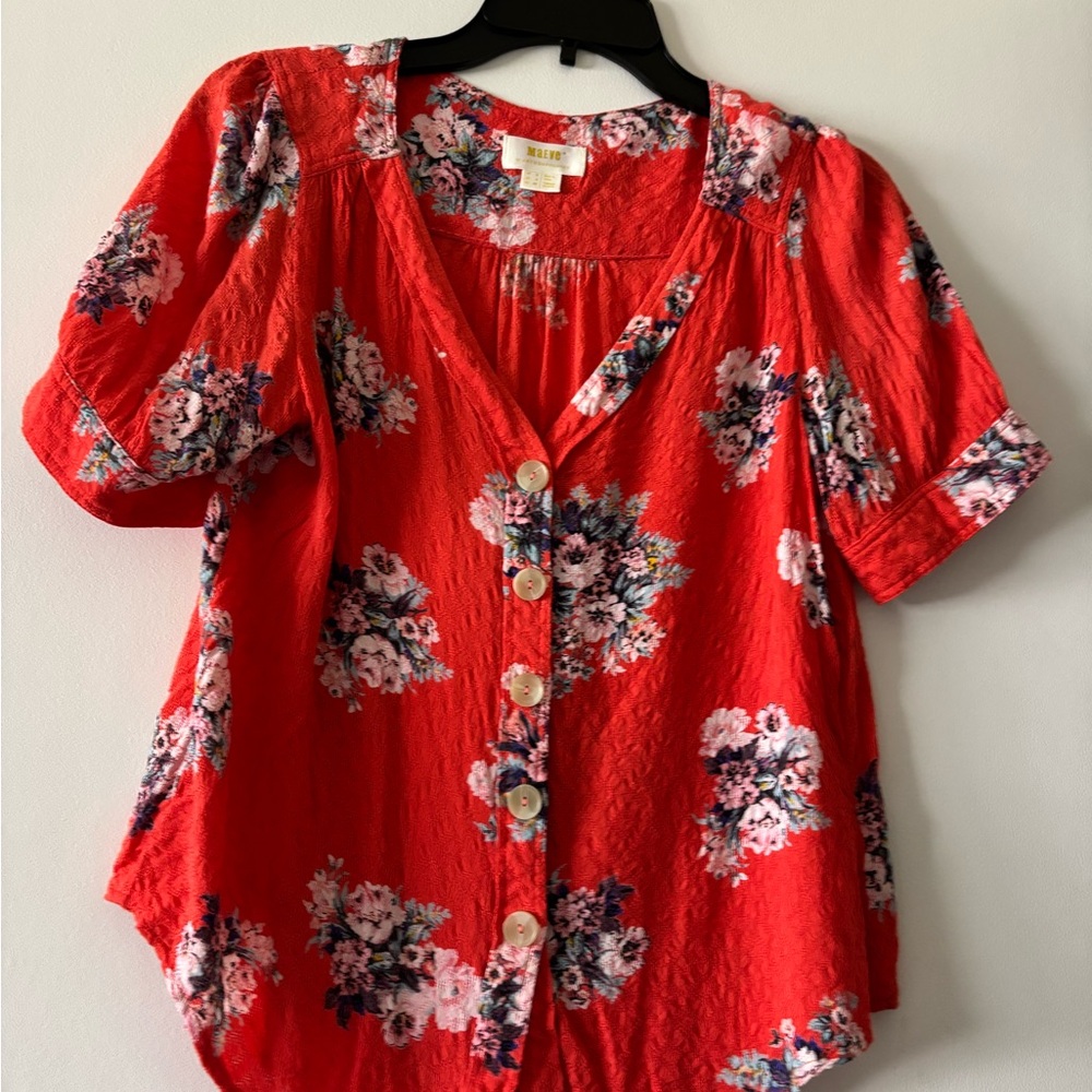 Maeve by Anthropology Floral Red Button-Up Women's Top